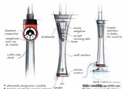 比如这款盲人引导仪,外观看上去就是一把伸缩式的手杖,设计者使用了