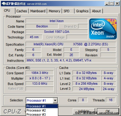 Intel Nehalem-EX官方平台：CPU-Z截图