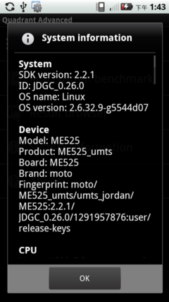 核心硬件:Android2.2+800MHz+512MB RAM