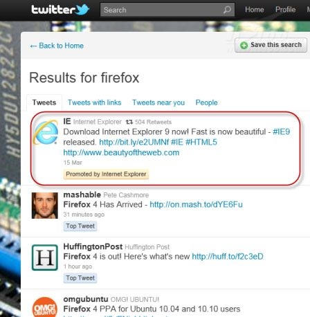 微软Twitter购买搜索广告推IE9触怒火狐