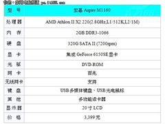 宏碁Aspire M1160+20寸液晶3,399元