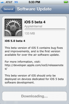 iOS 5 beta 4发放 实现固件无线升级