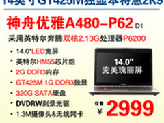 神舟14吋GT425M独显本A480-P62热卖2999