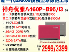 新一代B950双核彩本神舟A460P新品2999