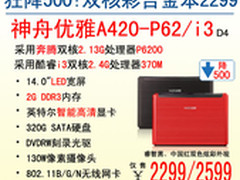 14吋2G内存彩合金 神舟A420P-P62售2299