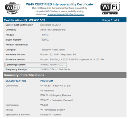爆料：华硕T100C现身Wi-Fi认证网站 