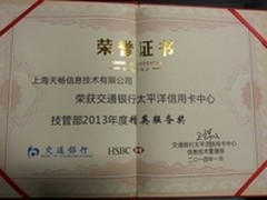 天畅信息荣获交通银行年度精英服务奖