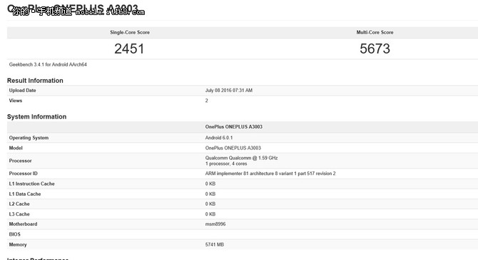 高通骁龙820处理器跑分,其中单核2451,多核5673分(数据来源于一加3)