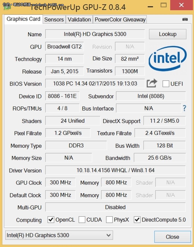 gpu-z中我们看到它采用最新的hd5300核显,基础频率300mhz,加速频率