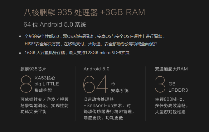 荣耀7全系列标配麒麟935八核处理器 3gb ram